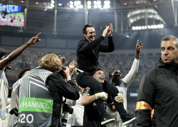 Unai Emery, Aston Villa manager, celebrates UAEFA victory