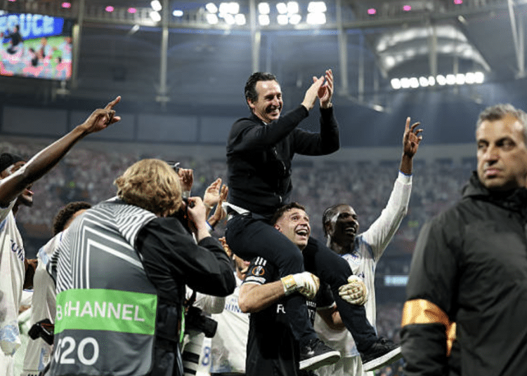 Unai Emery, Aston Villa manager, celebrates UAEFA victory