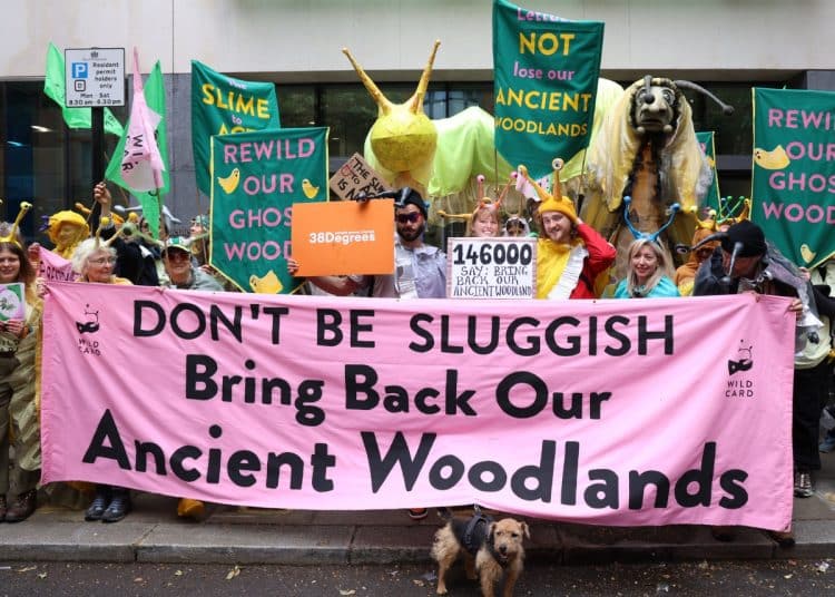 Campaigners dressed as slugs outside Defra holding a banner saying Don't Be Sluggish Bring Back Our Ancient Woodlands