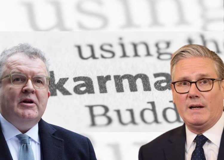Tom Watson and Keir Starmer in front of the word 'karma' - Labour
