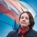 Composite image of new Stonewall chair Kezia Dugdale in front of a trans pride flag