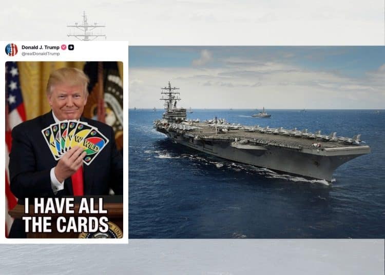 Trump holding Uno cards and an aircraft carrier