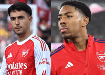 Martín Zubimendi and Myles Lewis-Skelly of Arsenal in a photo collage, wearing their football kit