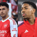 Martín Zubimendi and Myles Lewis-Skelly of Arsenal in a photo collage, wearing their football kit