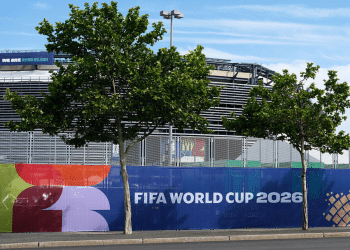 A general view of the preparations around Met Life Stadium as the signage is transitioned to become New York New Jersey Stadium ahead of the FIFA World Cup 2026 on May 26, 2026 in East Rutherford, New Jersey.