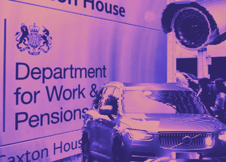 DWP sign at Caxton House in the background. A Volvo car and CCTV camera in the foreground top and bottom right of the image.
