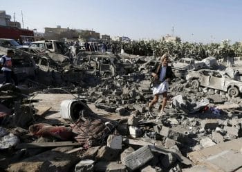 Bomb damage in Yemen. Arms trade complicity