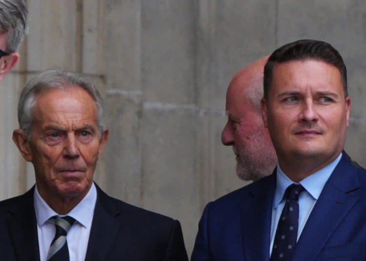 LONDON, ENGLAND - JULY 7:  Former Prime Minister Tony Blair, former Home Secretary Charles Clarke, Health Secretary Wes Streeting, and Transport Secretary Heidi Alexander depart St Paul's Cathedral following a memorial service to mark the 20th Anniversary of the 7/7 Terror Attacks on London, on July 7, 2025 in London, England. This year marks the 20th anniversary of the day four Islamist terrorist suicide bombers struck London's transport network in four coordinated attacks, killing 52 people and injuring over 770 others. (Photo by Carl Court/Getty Images)