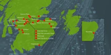 A screenshot of the interactive map that shows the rise of AI data centres across Scotland. There are more than 25 points plotted on the map