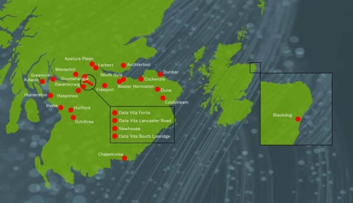 A screenshot of the interactive map that shows the rise of AI data centres across Scotland. There are more than 25 points plotted on the map