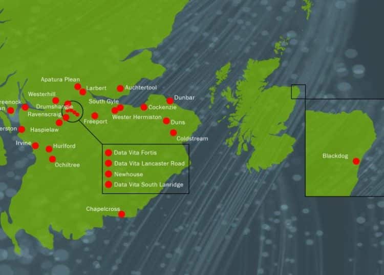 A screenshot of the interactive map that shows the rise of AI data centres across Scotland. There are more than 25 points plotted on the map
