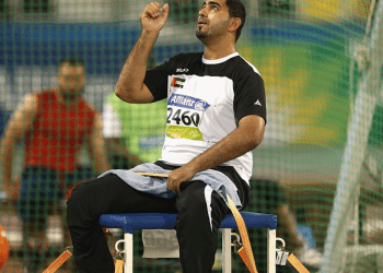 Abdullah Hayayei of UAE competes in the men's discus F34 final during the Evening Session on Day Ten of the IPC Athletics World Championships at Suhaim Bin Hamad Stadium on October 31, 2015 in Doha, Qatar.