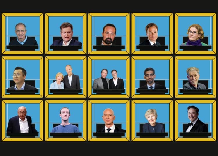 composite image showing media billionaires in a Celebrity Squares style grid