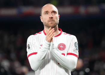 Christian Eriksen of Denmark applauds the crowd after the FIFA World Cup 2026 European Qualifiers KO play-offs match between Czechia and Denmark at EPET ARENA on March 31, 2026 in Prague, Czech Republic.