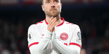 Christian Eriksen of Denmark applauds the crowd after the FIFA World Cup 2026 European Qualifiers KO play-offs match between Czechia and Denmark at EPET ARENA on March 31, 2026 in Prague, Czech Republic.