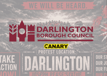 In the background is an image of a flyer to 'Stop the Boats' for a future protest in Darlington. In the foreground is the Darlington Borough Council logo and underneath is it the Canary UK logo