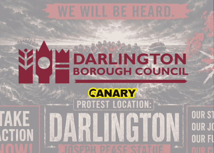In the background is an image of a flyer to 'Stop the Boats' for a future protest in Darlington. In the foreground is the Darlington Borough Council logo and underneath is it the Canary UK logo