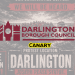 In the background is an image of a flyer to 'Stop the Boats' for a future protest in Darlington. In the foreground is the Darlington Borough Council logo and underneath is it the Canary UK logo