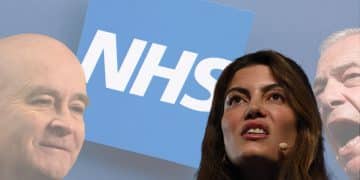 Reform politicians Laila Cunningham and Nigel Farage, the NHS logo, and Mick Lynch