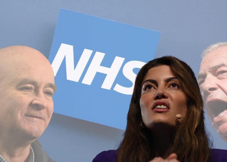 Reform politicians Laila Cunningham and Nigel Farage, the NHS logo, and Mick Lynch