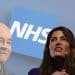 Reform politicians Laila Cunningham and Nigel Farage, the NHS logo, and Mick Lynch