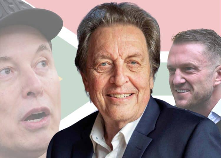 Photos of Elon Musk, Errol Musk, and Tommy Robinson designed together in a collage