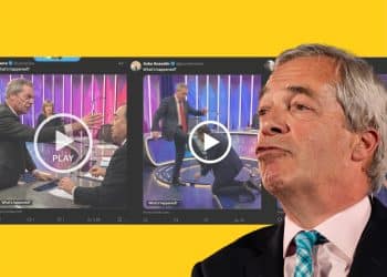 Nigel Farage in front of deepfakes of himself