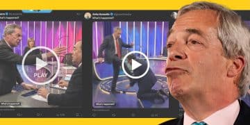 Nigel Farage in front of deepfakes of himself