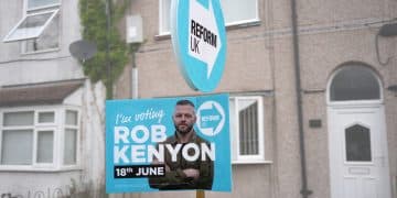 A Reform UK placard of their by-election candidate Robert Kenyon stands outside a terraced home on 3 June 2026 in Ashton-in-Makerfield, England