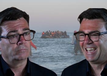 Image of Andy Burnham smiling, image of Andy Burnham frowning, and a small boat crossing the English channel