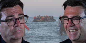 Image of Andy Burnham smiling, image of Andy Burnham frowning, and a small boat crossing the English channel