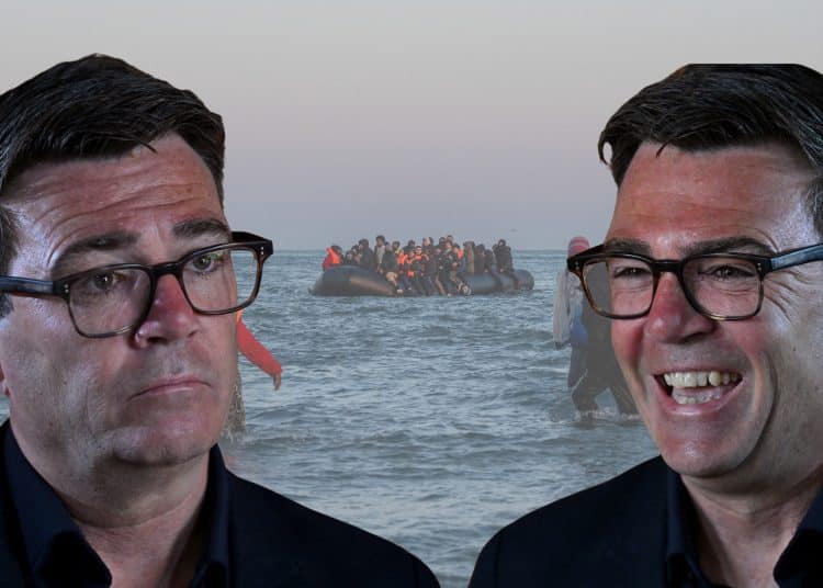 Image of Andy Burnham smiling, image of Andy Burnham frowning, and a small boat crossing the English channel