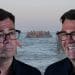 Image of Andy Burnham smiling, image of Andy Burnham frowning, and a small boat crossing the English channel