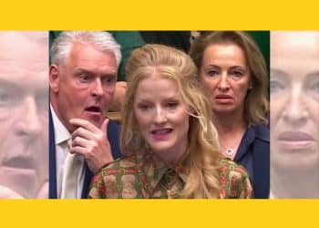 Lee Anderson and Sarah Pochin of Reform UK staring at Hannah Spencer