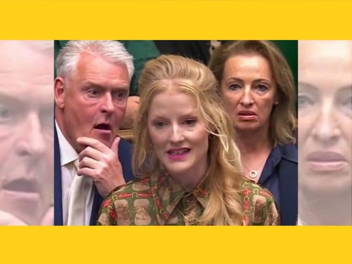 Lee Anderson and Sarah Pochin of Reform UK staring at Hannah Spencer