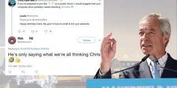 Nigel Farage in front of a social media post from Robert Kenyon of Reform UK