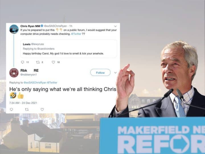 Nigel Farage in front of a social media post from Robert Kenyon of Reform UK