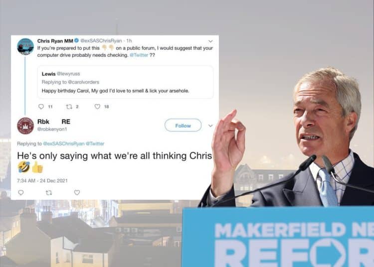 Nigel Farage in front of a social media post from Robert Kenyon of Reform UK