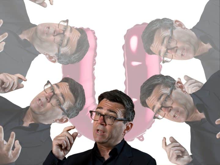 Images of Andy Burnham in front of a big U (Waspi women)