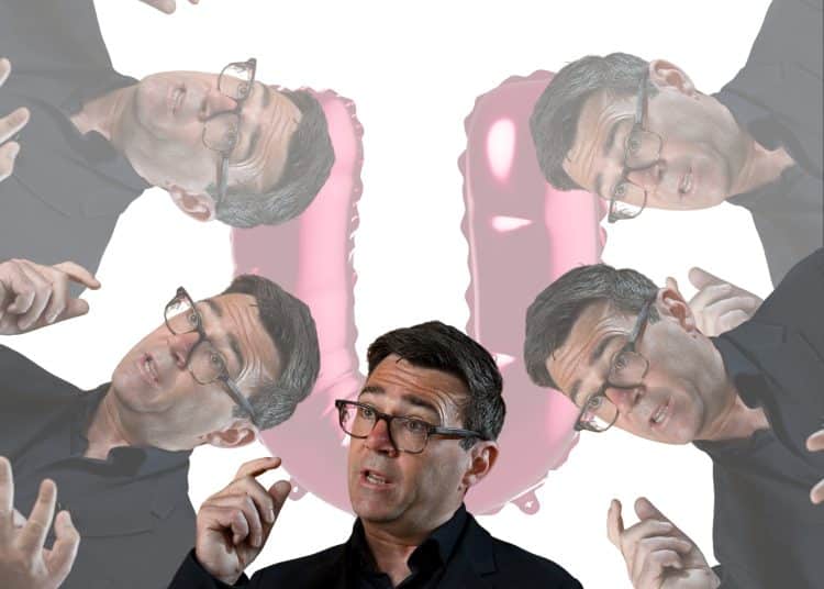 Images of Andy Burnham in front of a big U (Waspi women)