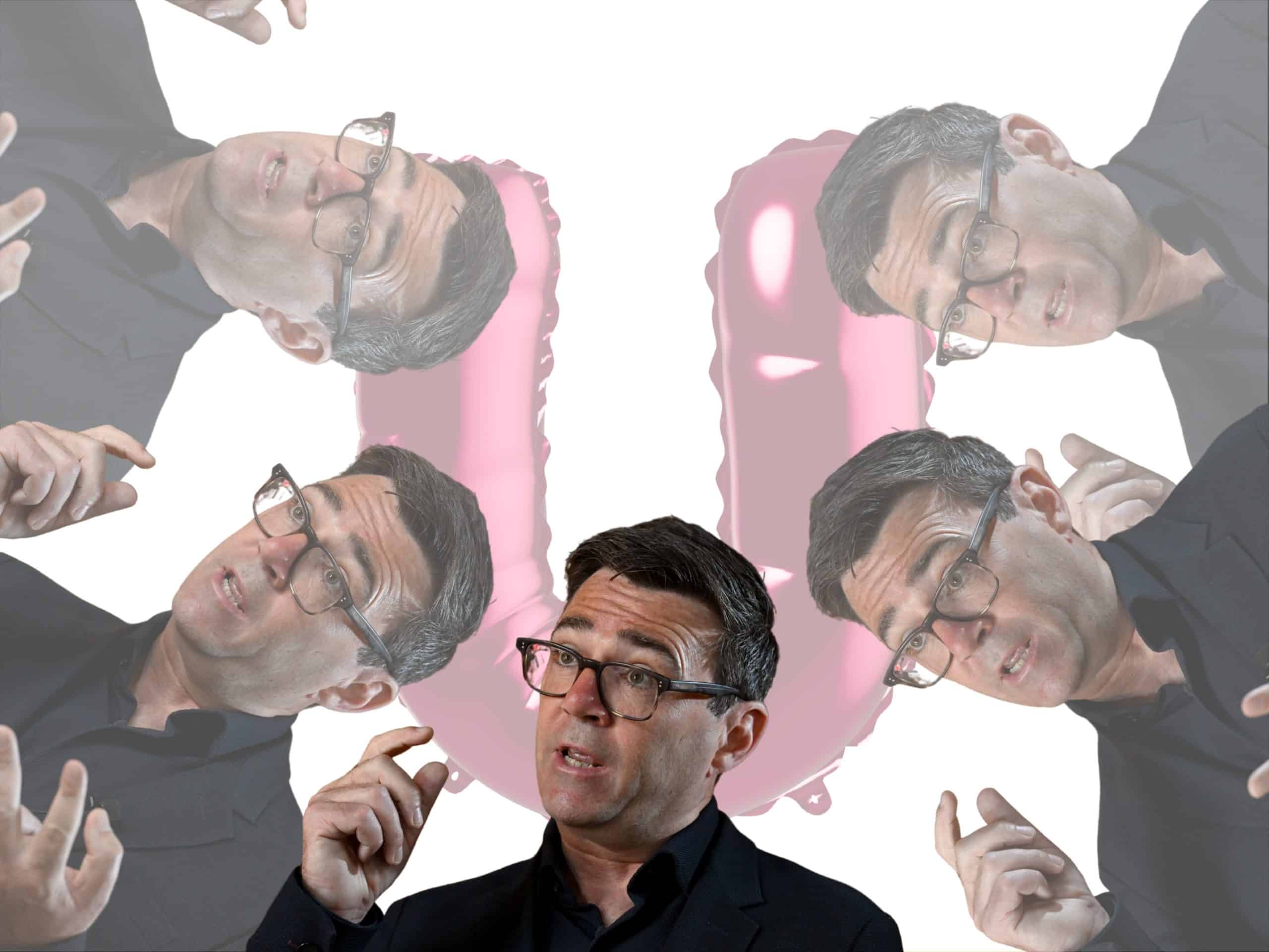 Images of Andy Burnham in front of a big U (Waspi women)