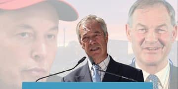 Nigel Farage with Elon Musk and Rupert Lowe behind him