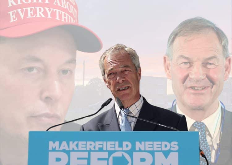 Nigel Farage with Elon Musk and Rupert Lowe behind him