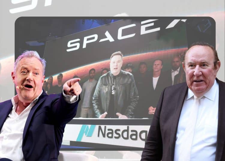 Piers Morgan and Andrew Neil looking at images of Elon Musk becoming a trillionaire