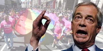 Nigel Farage, Reform leader, against a separate photo of Pride flag