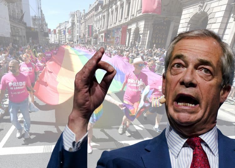 Nigel Farage, Reform leader, against a separate photo of Pride flag