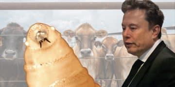 Elon Musk next to a giant screwworm