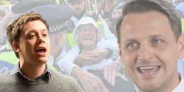 Owen Jones, Mike Tapp, and police arresting a Palestine Action supporter