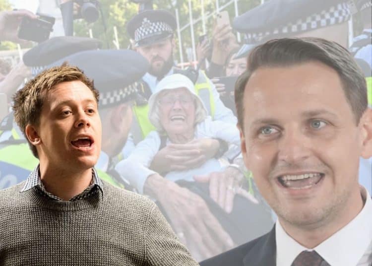 Owen Jones, Mike Tapp, and police arresting a Palestine Action supporter