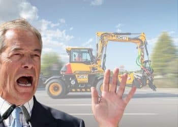 Reform leader Nigel Farage in front of JCB's Zionist pothole machine